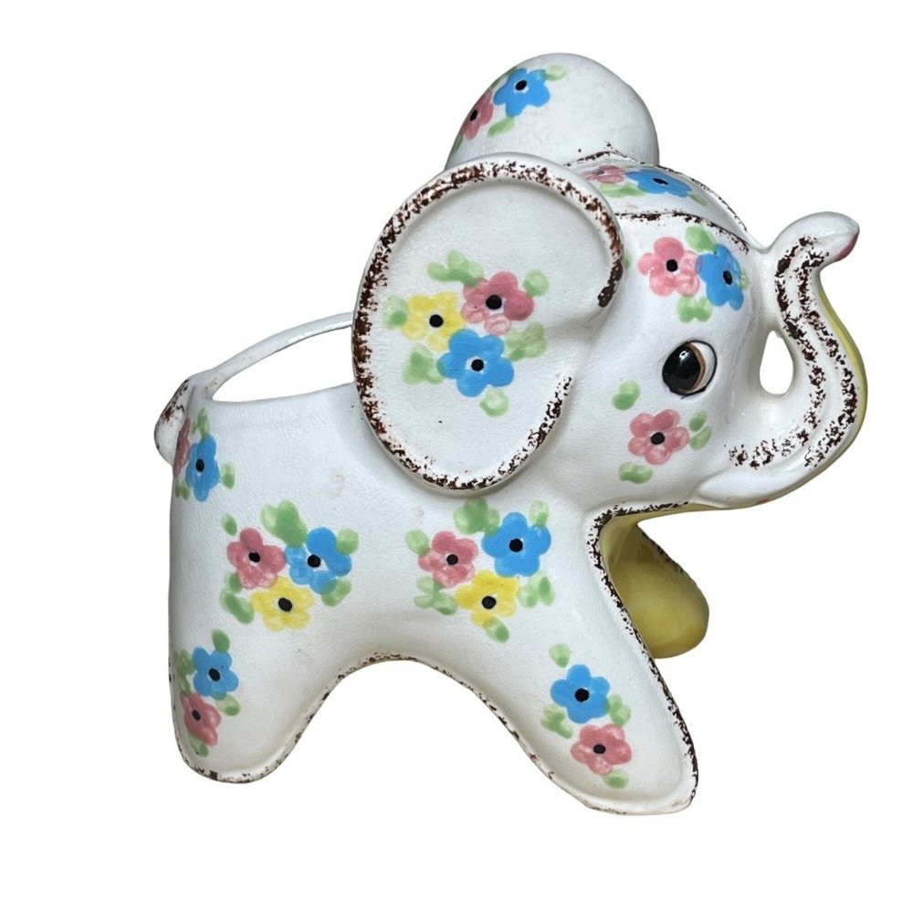 Vintage Mid-Century Ceramic Elephant Planter White Multicolor Flowers